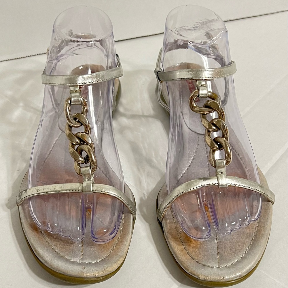 Prada Metallic Silver Women's Sandals Chain Accent Used Summer Party Weekend